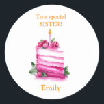 For a Special Sister Pink Yellow cake Birthday Classic Round Sticker<br><div class="desc">For a Special Sister Pink Yellow Roses Birthday</div>