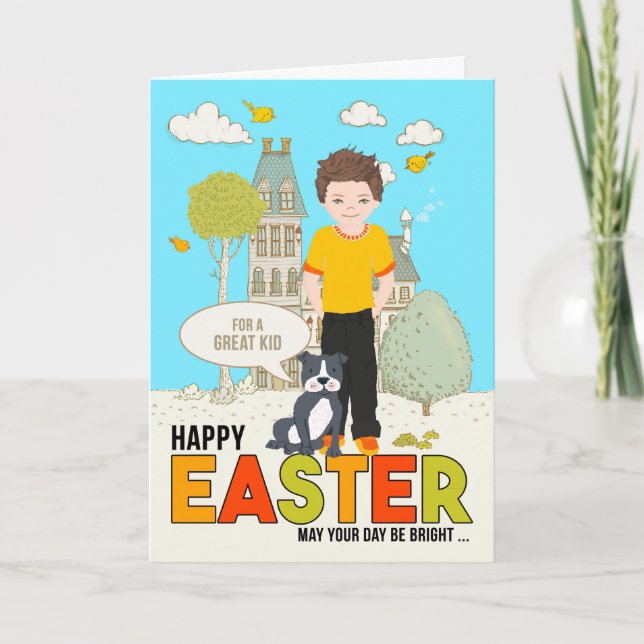 for a Young Boy on Easter Caucasian Boy with Dog Card (Front)