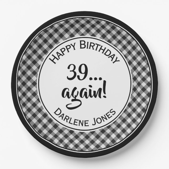 For All Ages Birthday Black Gingham Checks Pattern Paper Plate (Front)