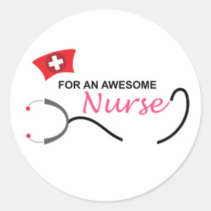 For an awesome nurse   pink and black stethoscope classic round sticker