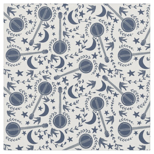 For Banjo Players Blue and Cream Folk Art Pattern Fabric (Close Up)