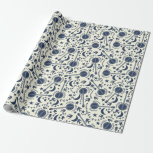 For Banjo Players Blue and Cream Folk Art Pattern Wrapping Paper
