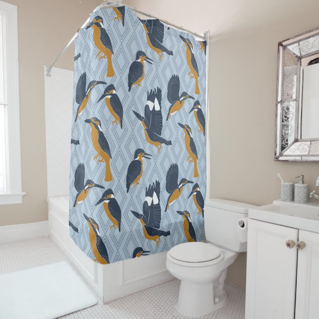 For Bird Lovers Cosy Kingfishers Patterned Shower Curtain (In Situ)