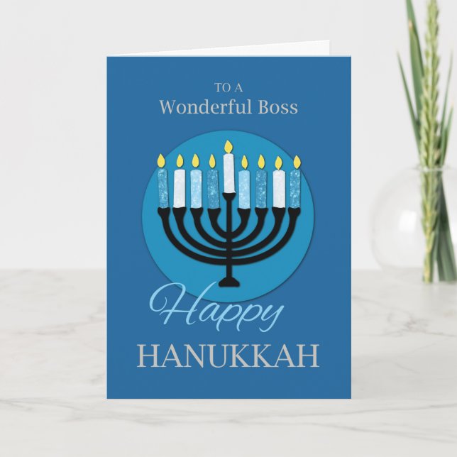 For Boss Hanukkah Menorah on Dark Blue Card (Front)