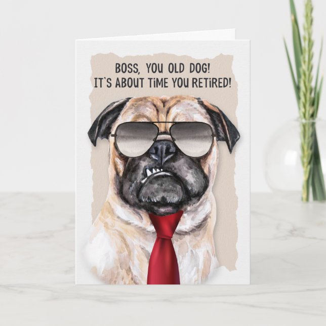 for Boss Retirement Funny Pug Dog Red Necktie Card (Front)