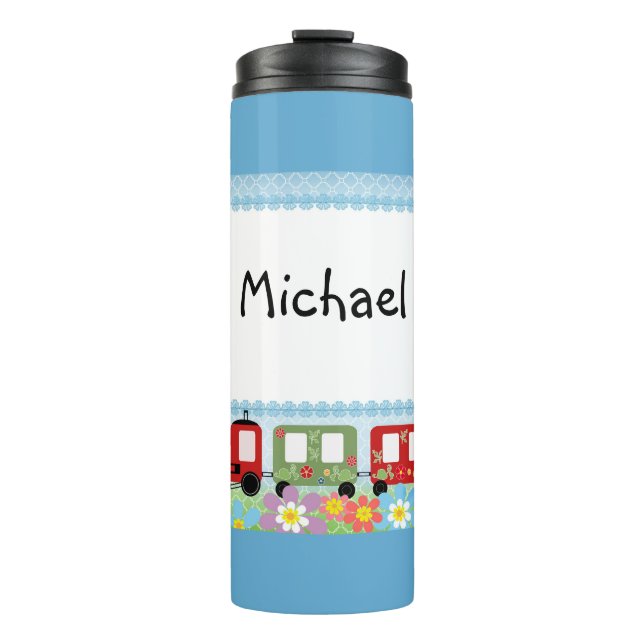 For boy, male, child, train, cheerful, blue thermal tumbler (Front)