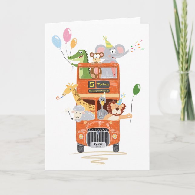 For Boy or Girl Cute Animal Party Bus 5th Birthday Card (Front)
