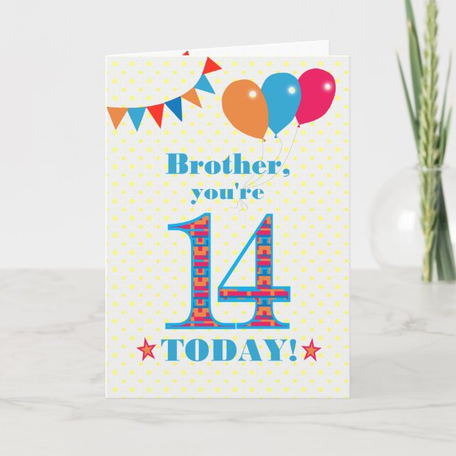 For Brother 14th Birthday Bunting Balloons Card (Front)