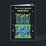 For Brother Birthday Cake with Candles Card<br><div class="desc">A bright birthday card for your brother, with lots of patterned candles on a birthday cake. At the top of the front cover, the words, 'To a very special BROTHER' are in a white lettering on the black background. There is a blue band around the cake with 'HAPPY BIRTHDAY!' also...</div>