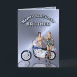 For brother, birthday with girls and a motorcycle card<br><div class="desc">Two lovely ladies standing beside a motorbike. A great card for the man who likes to ride!</div>