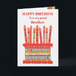 For Brother Custom Age Birthday Cake Card<br><div class="desc">You can add the age to this brightly colored birthday card for your brother, with a strawberry birthday cake. The cake has lots of candles with different patterns and there is a patterned band around the cake with colorful summer fruits - strawberries, raspberries, limes and orange slices. Above the cake,...</div>