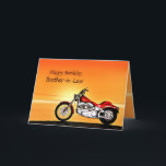 For Brother-in-law, Motorcycle sunset birthday Card<br><div class="desc">A motorbike similar to a Harley standing by the sea with a glorious orange sunset. A great card for anybody who likes biking and motorcycles.See the whole range of cards for ages and relationships in my store. All artwork copyright Norma Cornes</div>