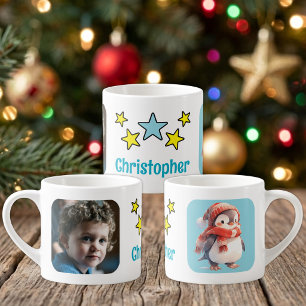 For children photo name penguin christmas blue espresso cup