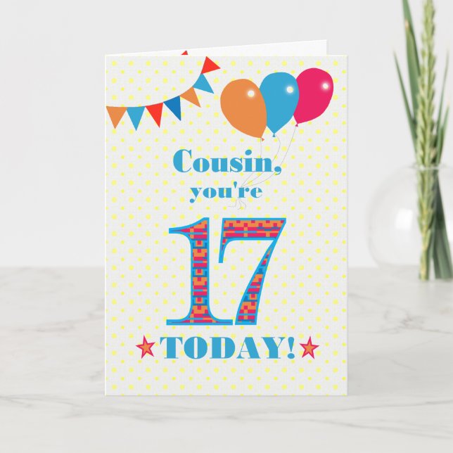 For Cousin 17th Birthday Bunting Balloons Card (Front)