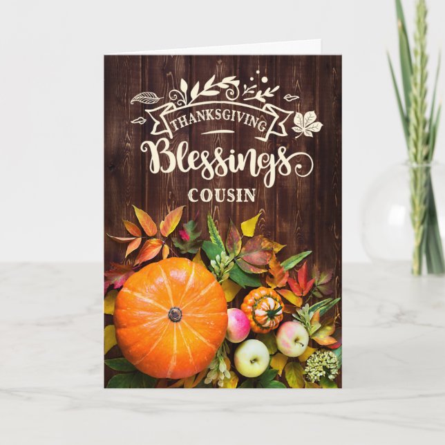 For Cousin Thanksgiving Blessings Pumpkins Holiday Card (Front)