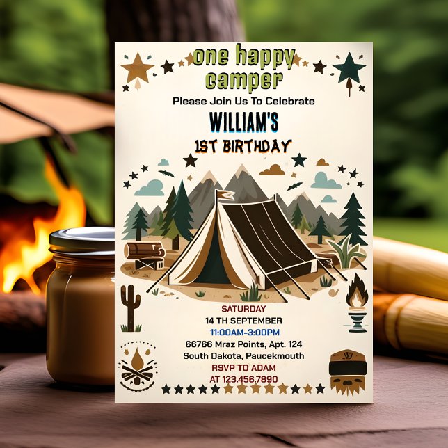 For Cute Nature Boys One Happy Camper 1st Birthday Invitation (Creator Uploaded)