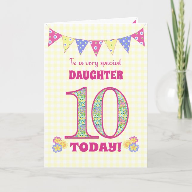 For Daughter 10th Birthday Primroses Bunting Card (Front)