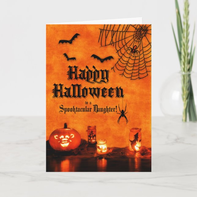 for Daughter Halloween Spiders and Bats in Orange Card (Front)