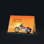 For Father-in-Law, Motorcycle sunset birthday Card<br><div class="desc">A motorbike similar to a Harley standing by the sea with a glorious orange sunset. A great card for anybody who likes biking and motorcycles.See the whole range of cards for ages and relationships in my store. All artwork copyright Norma Cornes</div>