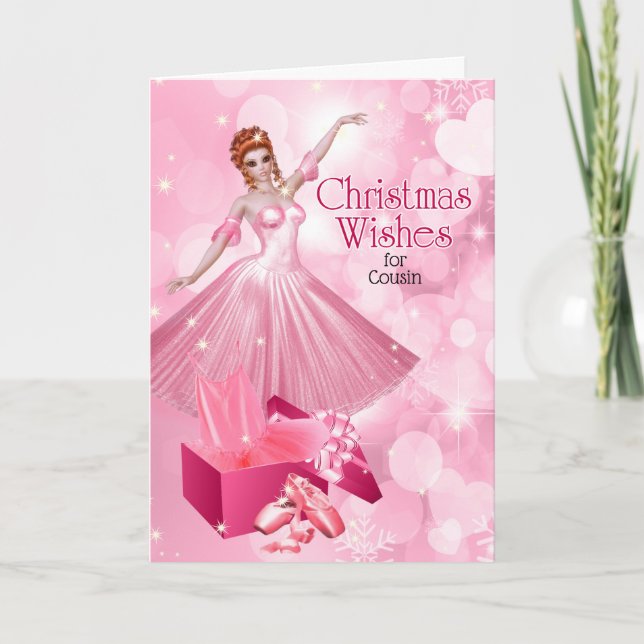 for Female Cousin Pink Christmas Ballerina Holiday Card (Front)