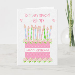 For Friend Birthday Cake Hearts and Roses Card