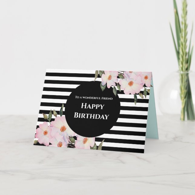 For Friend on Birthday Watercolor Roses Stripes Card (Front)