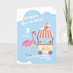 For Girl 7th Cute Flamingo Birthday Card