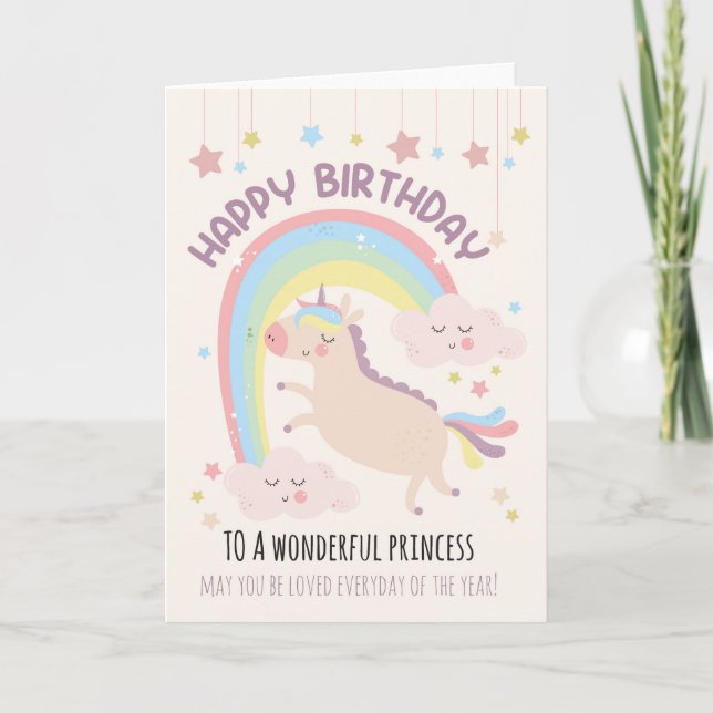 For Girl Cute Rainbow and Unicorn Birthday Card (Front)