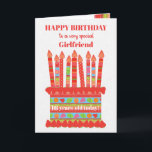 For Girlfriend Custom Age Birthday Cake Card<br><div class="desc">You can add the age to this brightly colored birthday card for your girlfriend, with a strawberry birthday cake. The cake has lots of candles with different patterns and there is a patterned band around the cake with colorful summer fruits - strawberries, raspberries, limes and orange slices. Above the cake,...</div>