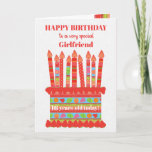 For Girlfriend Custom Age Birthday Cake Card<br><div class="desc">You can add the age to this brightly colored birthday card for your girlfriend, with a strawberry birthday cake. The cake has lots of candles with different patterns and there is a patterned band around the cake with colorful summer fruits - strawberries, raspberries, limes and orange slices. Above the cake,...</div>