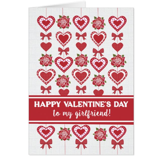 For Girlfriend Valentine's Red Roses Hearts Bows (Front)
