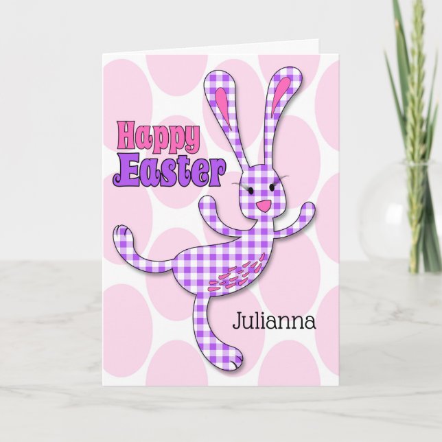 for Girls Custom Name Easter Bunny in Purple Holiday Card (Front)