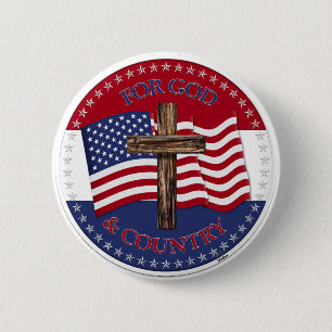 For God and Country with Cross and USA Flag 6 Cm Round Badge