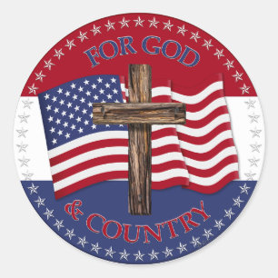For God and Country with Cross and USA Flag Classic Round Sticker