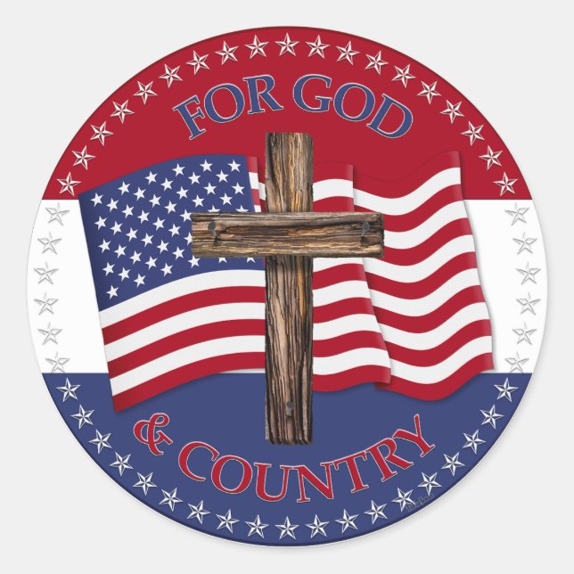 For God and Country with Cross and USA Flag Classic Round Sticker (Front)
