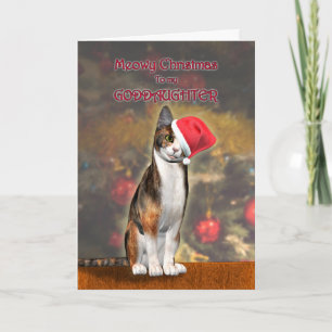 For Goddaughter, a funny cat in a Christmas hat Holiday Card