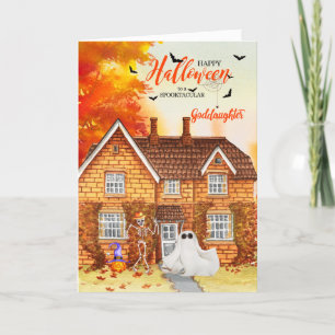 for Goddaughter Autumn House with Ghost Halloween Holiday Card