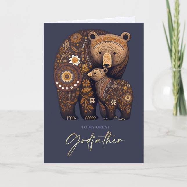 For Godfather on Father's Day Cute Bears Folk Art Card (Front)