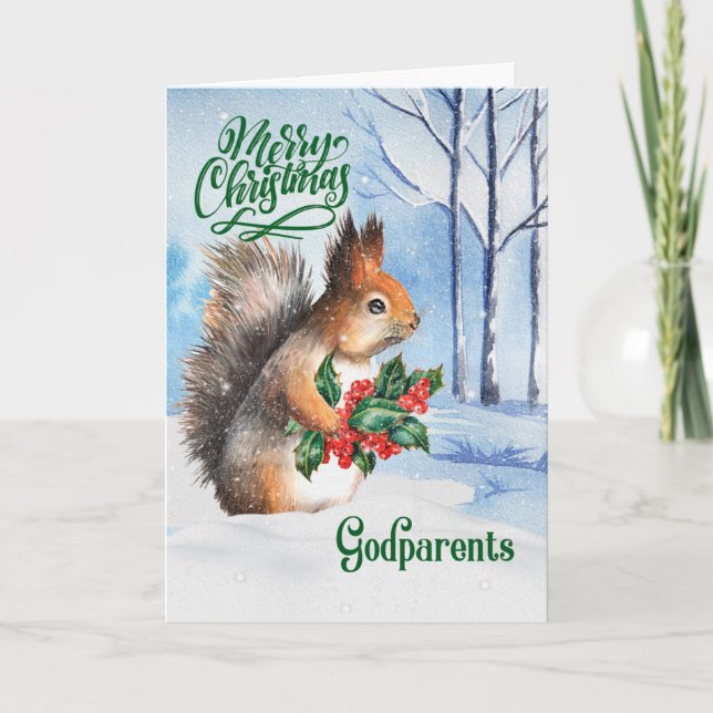 for Godparents Christmas Squirrel Winter Woodland Holiday Card (Front)