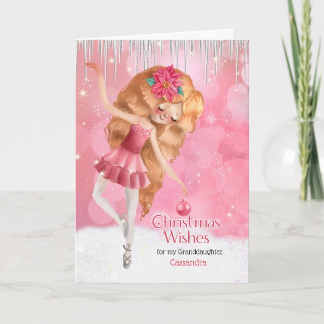 for Granddaughter a Pink Ballerina Christmas Holiday Card (Front)