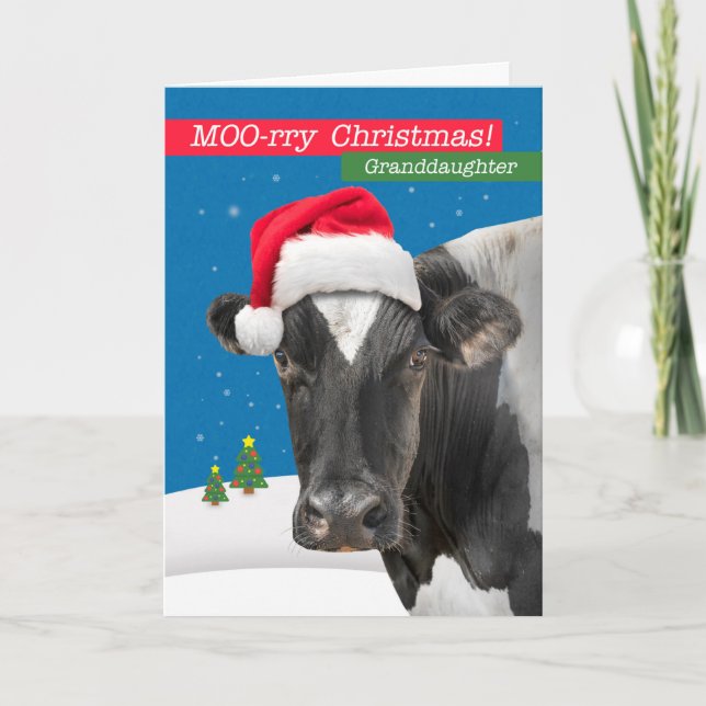 For Granddaughter Merry Christmas Funny Cow Humour Holiday Card (Front)