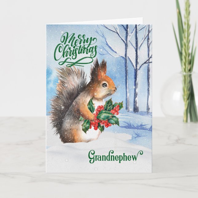 for Grandnephew Christmas Squirrel Winter Woodland Holiday Card (Front)