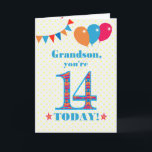 For Grandson 14th Birthday Bunting Balloons Card<br><div class="desc">A colourful birthday card for a 14-year-old grandson, The large number 14 is filled with an orange, red and blue pattern, outlined in bright blue. There are balloons and bunting at the top, in matching colours and the front cover greeting is, 'Grandson, you're 14 today!' in bright red and blue...</div>
