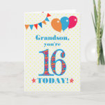 For Grandson 16th Birthday Bunting Balloons Card<br><div class="desc">A colourful birthday card for a 16-year-old grandson, The large number 15 is filled with an orange, red and blue pattern, outlined in bright blue. There are balloons and bunting at the top, in matching colours and the front cover greeting is, 'Grandson, you're 16 today!' in bright red and blue...</div>