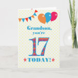 For Grandson 17th Birthday Bunting Balloons Card<br><div class="desc">A colorful birthday card for a 17-year-old grandson, The large number 17 is filled with an orange, red and blue pattern, outlined in bright blue. There are balloons and bunting at the top, in matching colors and the front cover greeting is, 'Grandson, you're 17 today!' in bright red and blue...</div>