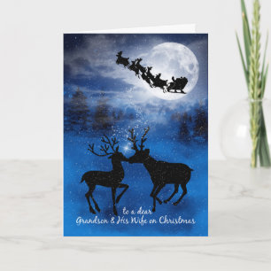 for Grandson and Wife Kissing Reindeer Christmas Holiday Card