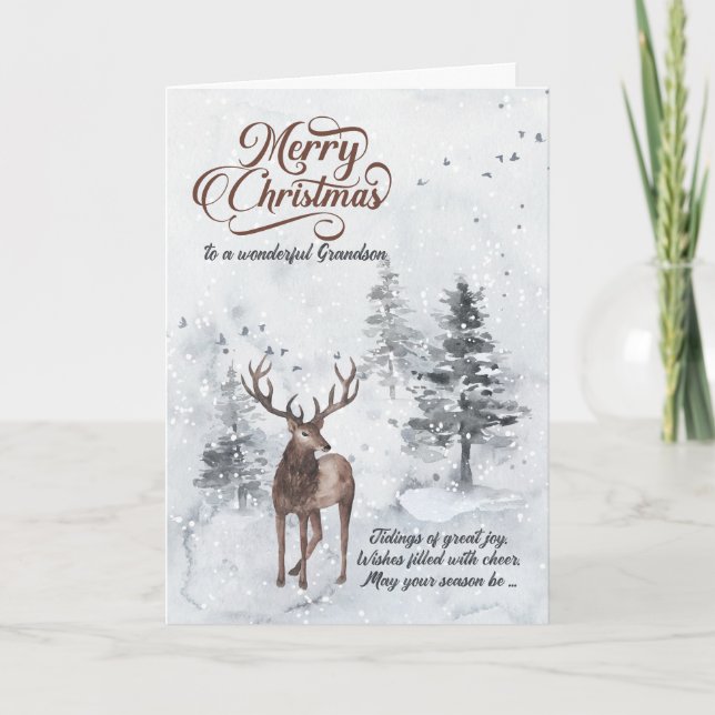 for Grandson Reindeer in a Snowy Forest Christmas Holiday Card (Front)