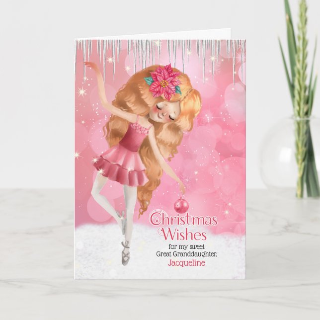 for Great Granddaughter a Pink Ballerina Christmas Holiday Card (Front)