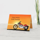 For Great Grandson, Motorcycle sunset birthday Card<br><div class="desc">A motorbike similar to a Harley standing by the sea with a glorious orange sunset. A great card for anybody who likes biking and motorcycles.See the whole range of cards for ages and relationships in my store. All artwork copyright Norma Cornes</div>