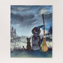 For Halloween Black Cat and The Witch Starry Night